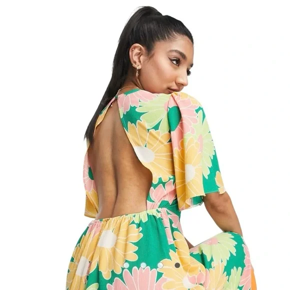 ASOS DESIGN Angel Sleeve Midi Dress Open Back in Large Floral Print Size 4 - Picture 5 of 9